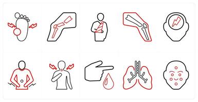 A set of 10 medical icons as foot pain, broken leg, broken arm in red line color vector