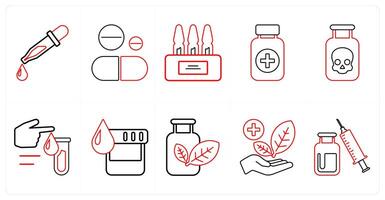 A set of 10 medical icons as chemical dropper, pills, ampoule in red line color vector
