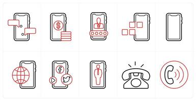 A set of 10 mix icons as mobile sms, digital money, user account in red line color vector