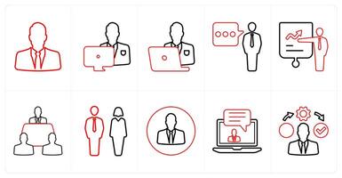 A set of 10 mix icons as man, working man, busy man in red line color vector