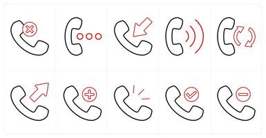 A set of 10 mix icons as wrong call, speaker, receive call in red line color vector