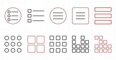 A set of 10 mix icons as bullet list, list, mobile menu in red line color vector