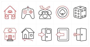 A set of 10 mix icons as house, game, contact in red line color vector