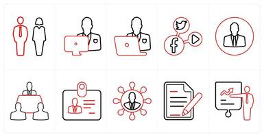 A set of 10 mix icons as man woman, working man, busy man in red line color vector