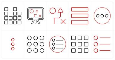 A set of 10 mix icons as diagram, strategy, menu bar in red line color vector