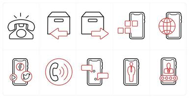 A set of 10 mix icons as landline telephone, returned parcel, forward parcel in red line color vector