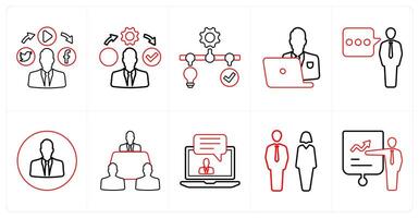 A set of 10 mix icons as social media, right management, solution management in red line color vector