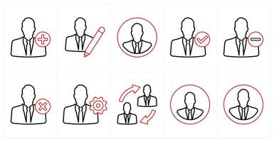 A set of 10 mix icons as add account, writer, businessman in red line color vector