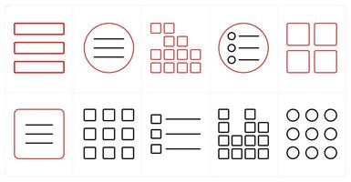A set of 10 mix icons as menu bar, mobile menu, applications in red line color vector