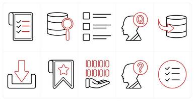 A set of 10 mix icons as data, search, list, question in red line color vector