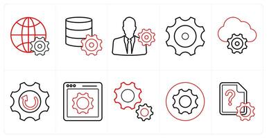 A set of 10 mix icons as global settings, server settings, management settings in red line color vector