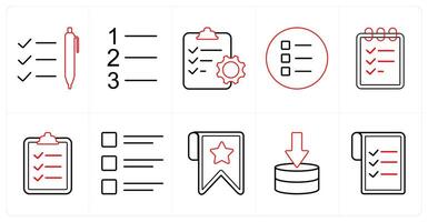 A set of 10 mix icons as list, number index clipboard in red line color vector