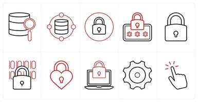 A set of 10 mix icons as search, data, locked, security password in red line color vector