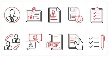 A set of 10 mix icons as businessman, id card, resume in red line color vector