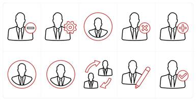 A set of 10 mix icons as remove account, management settings, account profile in red line color vector