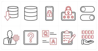 A set of 10 mix icons as download server, database server, mobile security in red line color vector