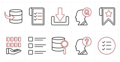 A set of 10 mix icons as received data, data, download, question in red line color vector