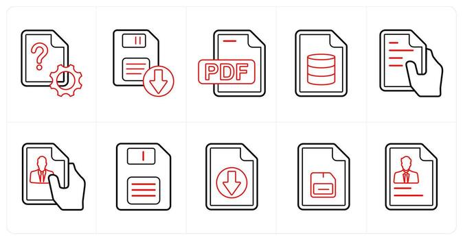 A set of 10 mix icons as settings document, download floppy, pdf file in red line color vector