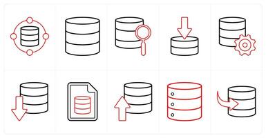 A set of 10 mix icons as data, database server, search in red line color vector