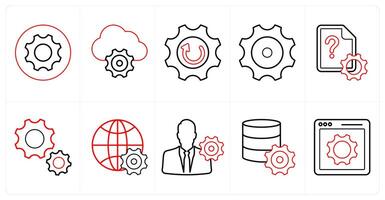 A set of 10 mix icons as configuration, cloud settings, update settings in red line color vector