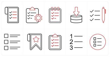 A set of 10 mix icons as data, clipboard, scheduler in red line color vector