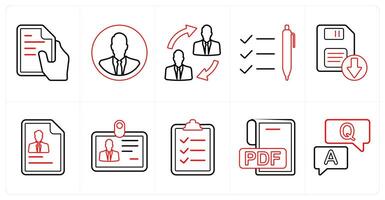 A set of 10 mix icons as text file, businessman, duties transfer in red line color vector