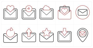 A set of 10 mix icons as favorite message, mail, cloud message in red line color vector