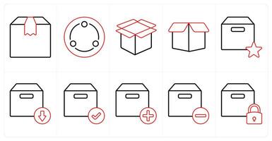 A set of 10 mix icons as parcel, network, box in red line color vector