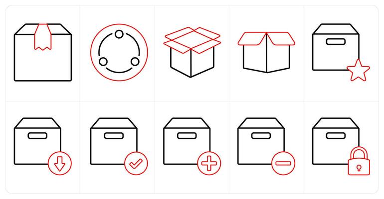 A set of 10 mix icons as parcel, network, box in red line color