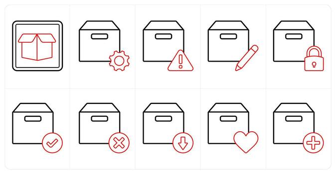 A set of 10 mix icons as drop box, box setting, box information in red line color vector