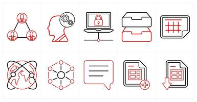 A set of 10 mix icons as network, optimization, connection in red line color vector