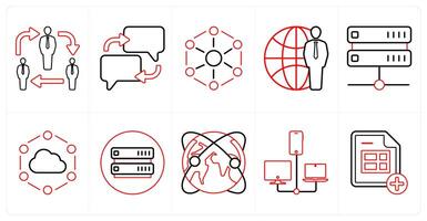 A set of 10 mix icons as network, communication, connection in red line color vector