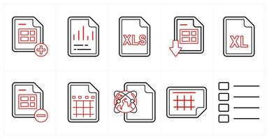 A set of 10 mix icons as add sheet, graph, excel sheet in red line color vector