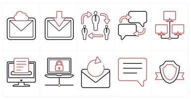 A set of 10 mix icons as cloud message, received mail, network in red line color vector