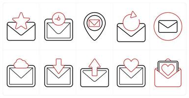 A set of 10 mix icons as favorite message, mail, message location in red line color vector