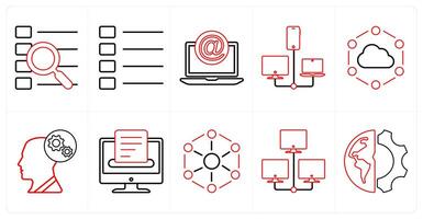A set of 10 mix icons as search menu, nav menu, mention in red line color vector