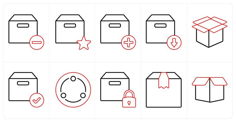 A set of 10 mix icons as remove box, favorite box, add box in red line color