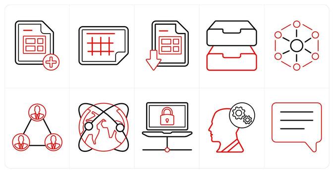 un conjunto de 10 mezcla íconos como añadir hoja, sobresalir hoja, descargar sobresalir sábana en rojo línea color vector