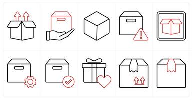 A set of 10 mix icons as upload box, foward parcel, box in red line color vector