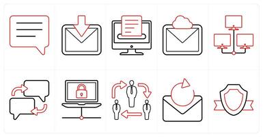 A set of 10 mix icons as chat, received mail, save in red line color vector