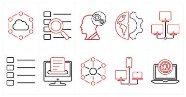 A set of 10 mix icons as cloud connection, search menu, optimization in red line color vector