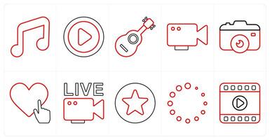 A set of 10 mix icons as music, play, guitar in red line color vector