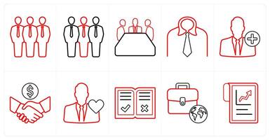 A set of 10 mix icons as businessman, team, meeting in red line color vector