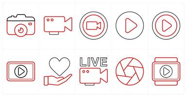 A set of 10 mix icons as camera, , call in red line color vector