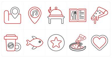 A set of 10 mix icons as location, bar location, cook in red line color vector