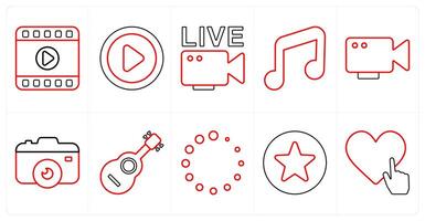 A set of 10 mix icons as clip, play, live in red line color vector