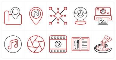 A set of 10 mix icons as location, bar location, blast in red line color vector