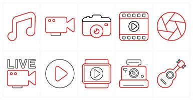 A set of 10 mix icons as music, , camera in red line color vector