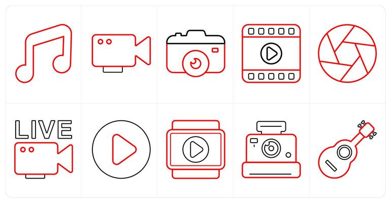 A set of 10 mix icons as music, , camera in red line color