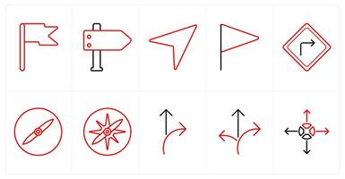 A set of 10 Navigation icons as signpost, arrow direction, navigation in red line color vector